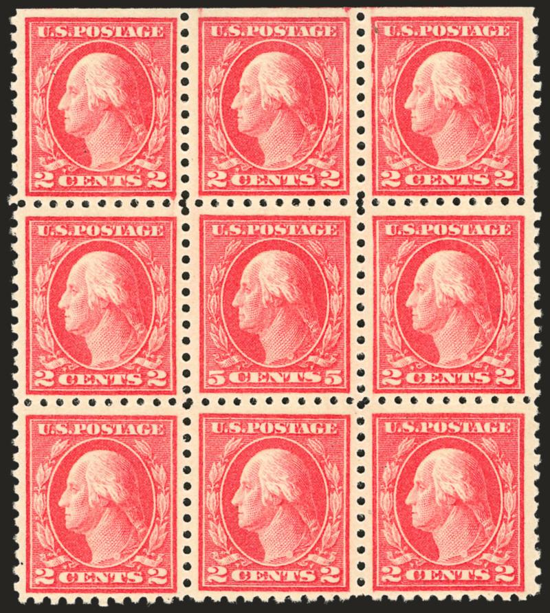 5c Carmine, Error (467).> Single error in block of nine, top and bottom center stamps lightly hinged, error and other 2c stamps Mint N.H., bright and fresh, natural s.e. at top, Very Fine, with 2001 P.F.
certificate
