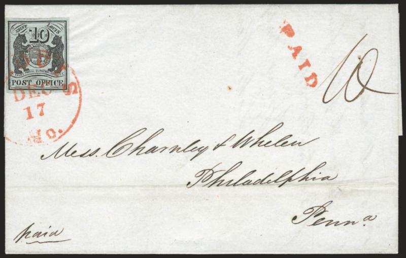 St. Louis Mo., 10c Black on Greenish (11X2).> Type I, Position 2, large margins all around, intense early shade and impression showing every detail with perfect clarity, fresh and bright paper, tied by St. Louis
Mo. Dec. 17 circular datestamp on 18