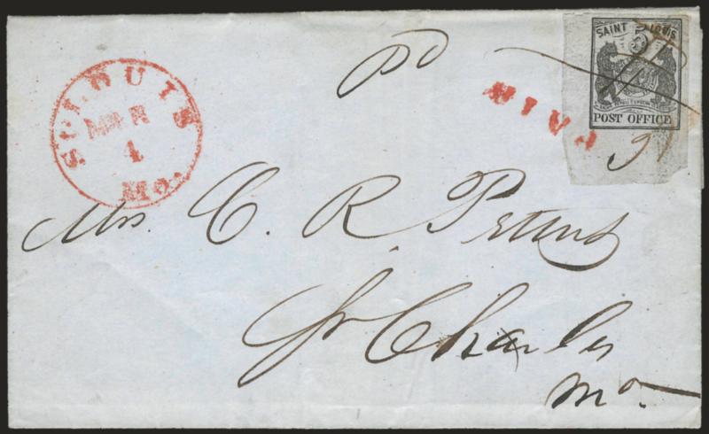 St. Louis Mo., 5c Black on Bluish (11X7).> Type III, Position 5, large margins incl. <huge bottom left corner sheet margins,> tied by ms. cross strokes and 5 and also by red Paid handstamp, matching St. Louis Mo.
Mar. 4 circular datestamp on 18