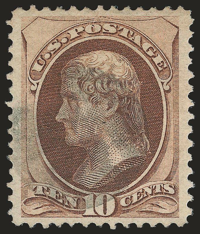 10c Brown, Grill (139 var).> I. Grill, early state with a well-defined grill impression, large, nearly balanced margins, rich color and fairly light cork cancel<><>^VERY FINE AND CHOICE. THE 10-CENT I GRILL IS
ONE OF THE RAREST OF ALL UNITED STATES