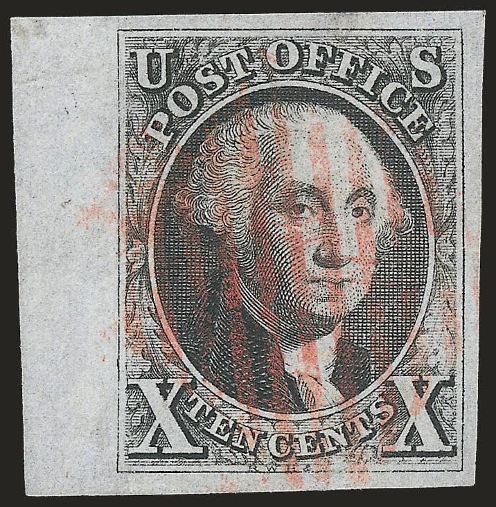 10c Black (2).> Large to huge margins incl. <sheet margin at left,> crisp shade nicely complemented by red New York square grid cancel<><>^EXTREMELY FINE GEM. A SUPERB USED EXAMPLE OF THE 10-CENT 1847
ISSUE.^<><>With 2008 P.S.E. certificate (XF-S