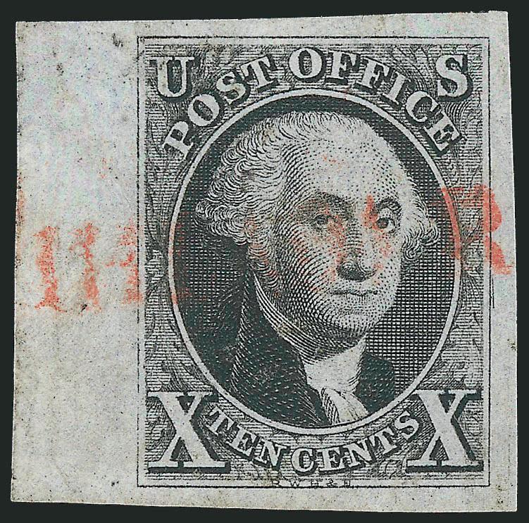 10c Black (2).> Huge margins all around incl. <sheet margin> at left, clear strike of red <^PHILADA. RAIL ROAD^> straightline handstamp, tiny pinhole in collar area<><>^EXTREMELY FINE APPEARANCE. A BEAUTIFUL
SHEET-MARGIN EXAMPLE OF THE 10-CENT 18