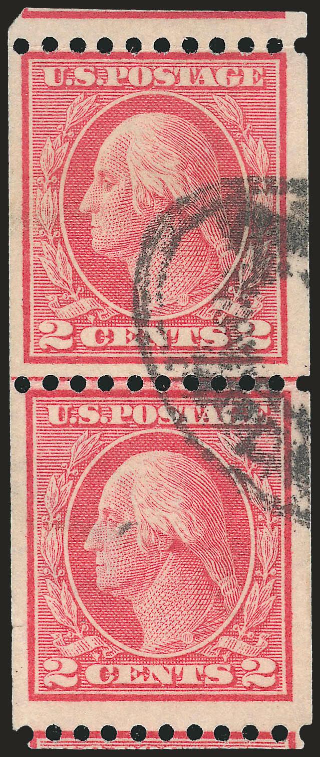 2c Red, Ty. I, Coil (449).> Joint line pair, face-free oval cancel, fresh and bright color, wide margins at sides, perfs intact at top and bottom, negligible tiny tear at bottom left<><>^FINE APPEARANCE. ONLY
TEN USED JOINT LINE PAIRS AND ONE USED