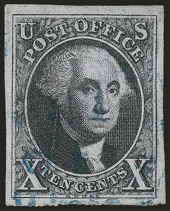 10c Black, Double Transfer Ty. C (2-C).> Position 2R1, large and even margins all around, bright shade, unobtrusive strike of <blue> circular datestamp<><>^EXTREMELY FINE GEM. A SUPERB USED EXAMPLE OF THE 10-CENT
1847 ISSUE WITH THE DOUBLE TRANSFER