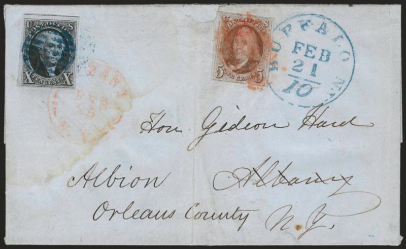 5c Red Brown, 10c Black (1, 2).> Large margins all around, 10c stamp used first and cancelled by blue grid, matching Buffalo N.Y. 10 Feb. 21 integral-rate circular datestamp on blue 1850 folded letter to Albany
N.Y. and <forwarded> to Albion N.Y.,