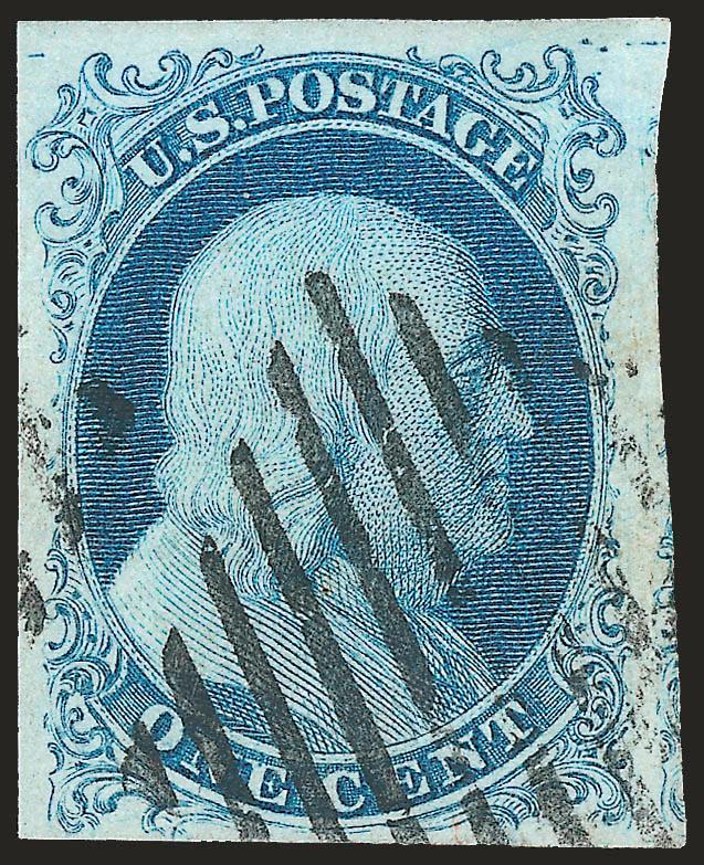 1c Blue, Ty. Ib (5A).> Position 6R1E, large margins all around incl. part of adjoining stamp at right, brilliant color on crisp paper, bold strike of square grid cancel<><>^EXTREMELY FINE. A STUNNING USED EXAMPLE
OF THE RARE 1851 ONE-CENT TYPE IB F