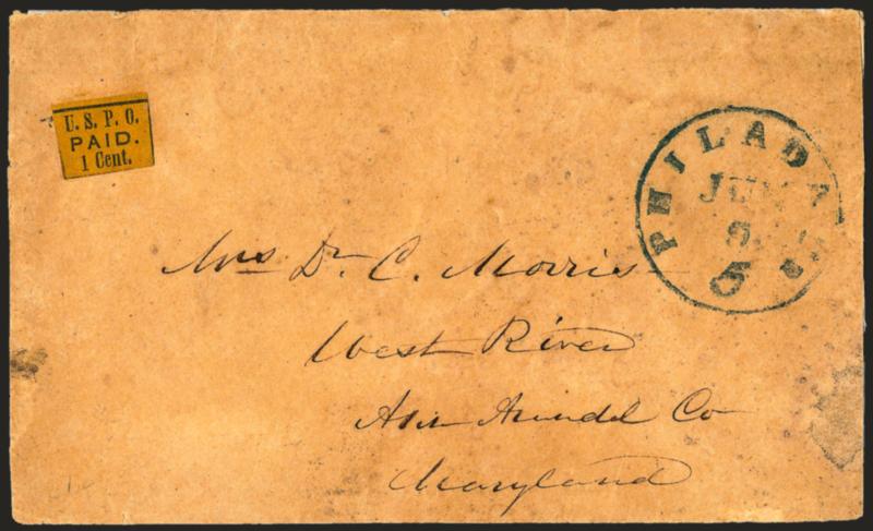 U.S.P.O., Philadelphia Pa., 1c Black on Yellow Glazed (7LB9).> Large margins to in, uncancelled as usual, used on buff ca. 1849 cover to West River Md., blue Philada. Pa. 5 cts. May 9 integral-rate circular
datestamp, some wear incl. waterstaining,