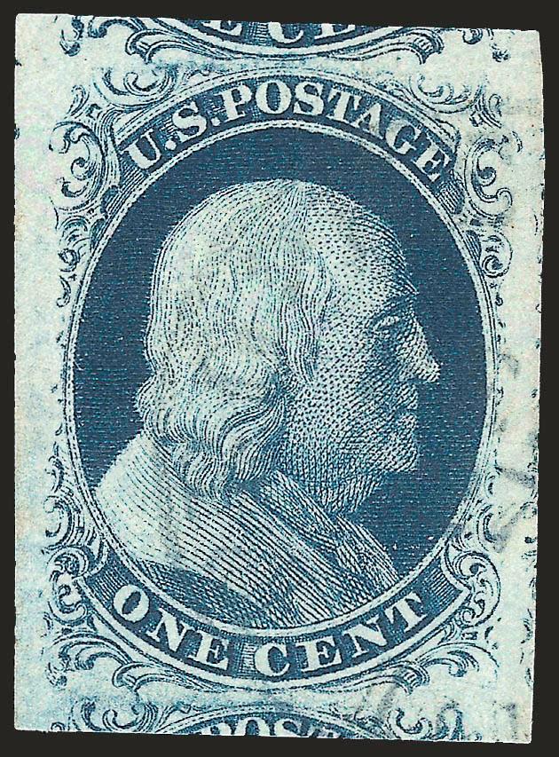 1c Blue, Ty. II (7).> Pos. 72L2, huge Jumbo margins showing parts of adjoining stamps top and bottom and traces at sides, magnificent intense color with light unobtrusive circular datestamp<><>^EXTREMELY FINE
GEM. A TRULY OUTSTANDING USED EXAMPLE O
