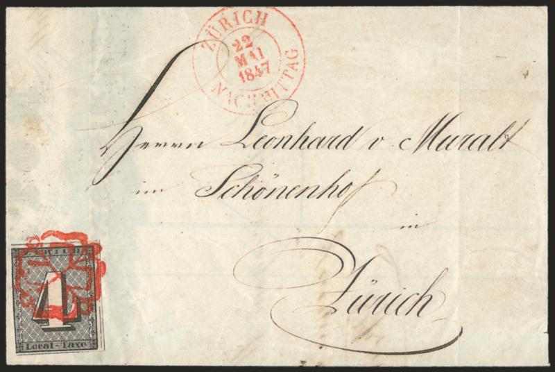 ZURICH, 1846, 4r Black (1L3 Zumstein 1W).> Large margins to just in at left, tied by well-struck red <cross in rosette> cancel, matching Zurich Nachmittag 22 Mai 1847 double-circle datestamp on part-printed note
from Escher Wyss & Co. and used loc