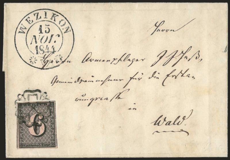 ZURICH, 1843, 6r Black, Vertical Red Lines (1L2 Zumstein 2S).> Type V, Position 35, large margins all around, intense shade and impression, tied by <cross in rosette>, matching Wezikon 15 Nov. 1844 double-circle
datestamp on folded letter to Wald<