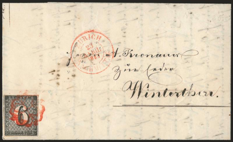 ZURICH, 1846, 6r Black, Horizontal Lines (1L4 Zumstein 2W).> Type V, large margins to full, tied by red <cross in rosette> cancel, matching Zuruch 23 Avril 1847 double-circle datestamp on folded letter to
Winterthur, light horizontal file fold doe