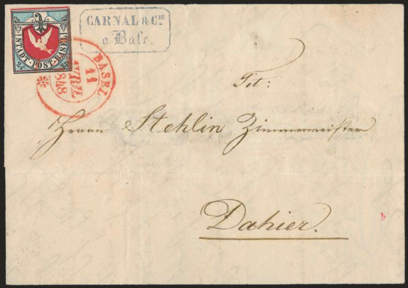 BASEL, 1845, 2-12r Dove of Basel (3L1 Zumstein 8a).> Large margins to clear, rich colors and exceedingly strong embossing, tied by well-struck Basel 11 Avril 1848 double-circle datestamp on folded letter, blue
company handstamp to right of stamp,