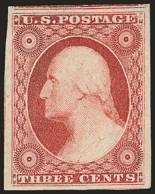 3c Dull Red, Ty. II (11A). Mint N.H.,> huge margins all around incl. part of adjoining stamps at top, left and bottom, brilliant color on post-office fresh paper<><>^EXTREMELY FINE GEM. A STUNNING MINT
NEVER-HINGED EXAMPLE OF THE 1851 3-CENT TYPE I