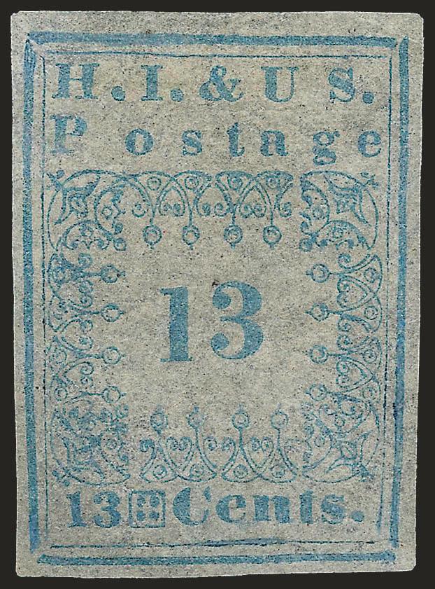 1852, 13c Blue, H.I. & U.S. Postage (4).> Type II (right-hand position in form), unused (no gum), small portions of the design and frameline drawn in at top, bottom and left center<><>^VERY FINE APPEARANCE. A
RARE UNUSED EXAMPLE OF THE 1852 13-CE