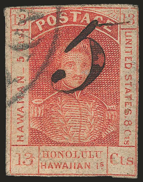 1857, 5c on 13c Dark Red (7).> Type I with short flag, large margins to just touched, face-free strike of circular datestamp at top left, few flaws incl. thinned<><>^FINE. A SCARCE USED EXAMPLE OF THE 5-CENT ON
13-CENT PROVISIONAL MANUSCRIPT SURCHA