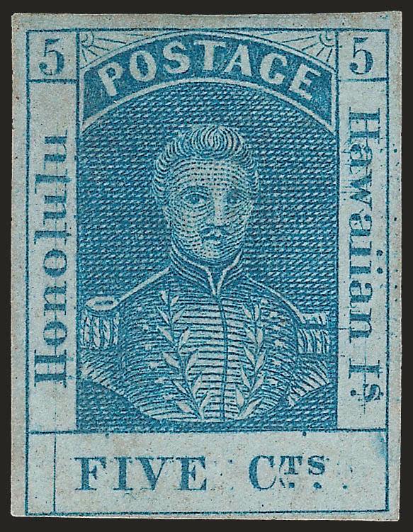 1861, 5c Blue, Line Thru Honolulu (9a).> Position 2, original gum, large margins to clear, bright color, fresh and Very Fine