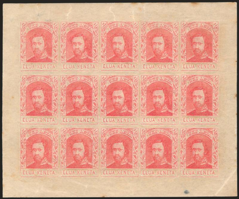 1869, 2c Red, Re-Issue (29).> Compete sheet of fifteen, original gum, some slight creasing and toned spots, otherwise Very Fine, Scott Retail as two blocks of four and singles