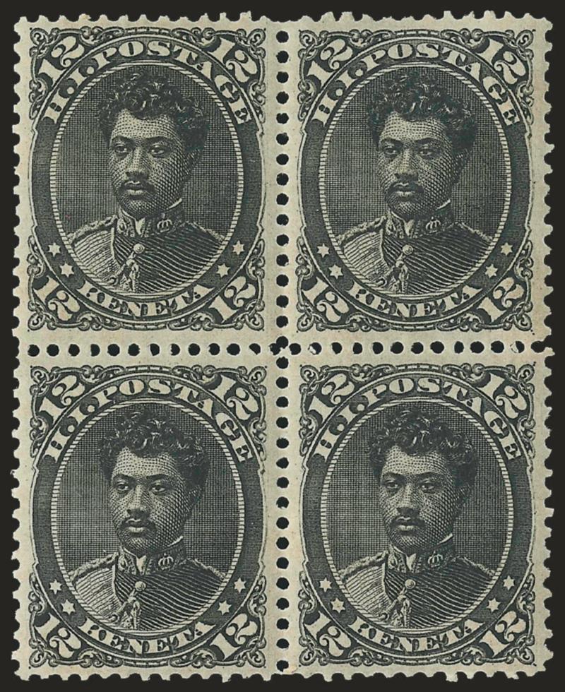 1875, 12c Black (36).> Block of four, original gum, barely hinged, intense shade and impression, well-balanced margins, Very Fine and choice