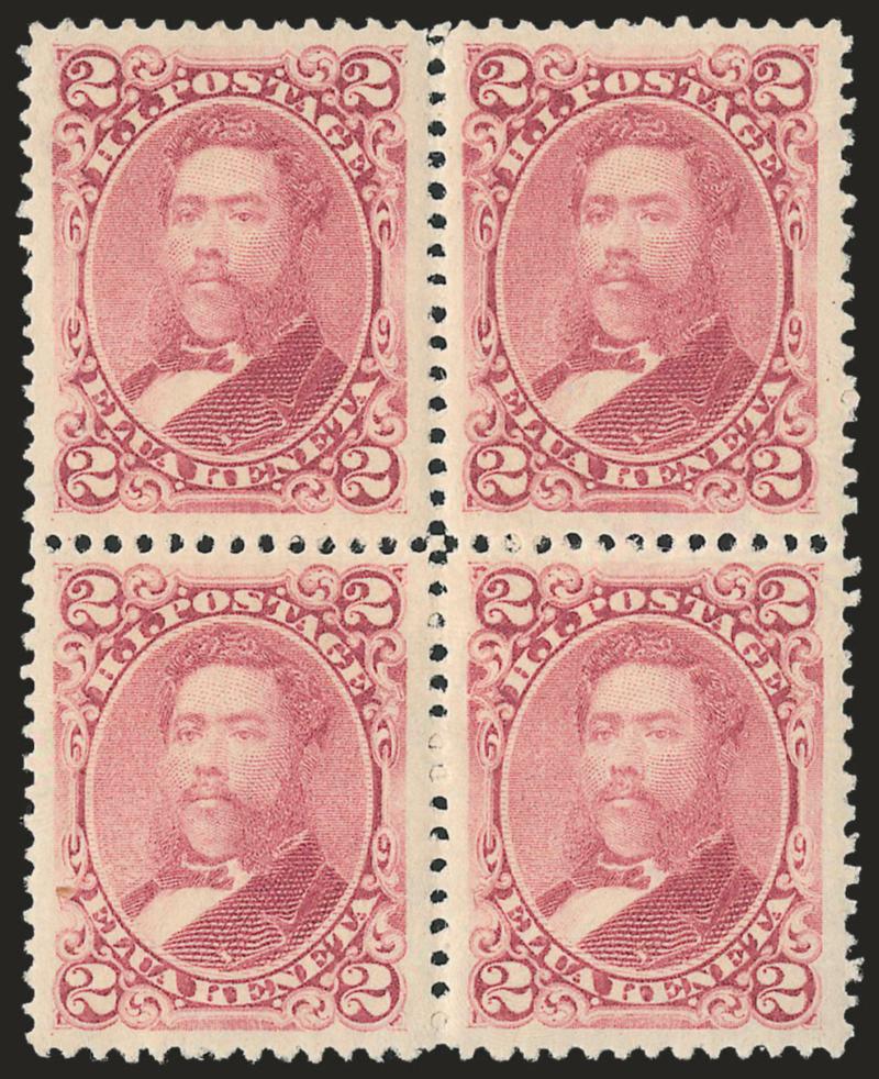 1882, 2c Lilac Rose (38).> Block of four, top right and bottom left Mint N.H., others h.r., radiant color, few light natural gum bends, Extremely Fine, Scott Retail as singles