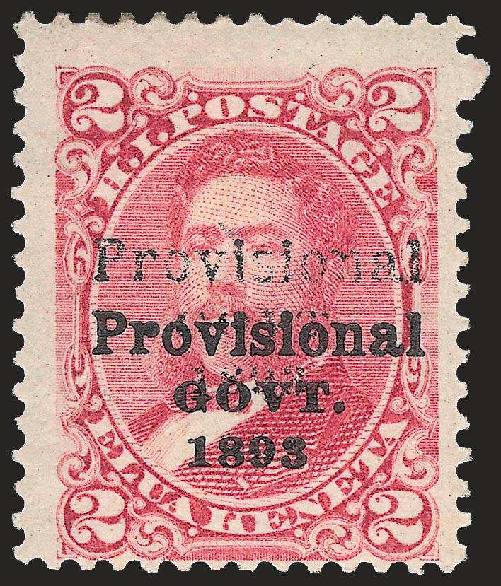 1893, 2c Rose, Category II Double Ovpt. (66e).> Original gum, h.r., brilliant color, clear second overprint, three wide margins<><>^VERY FINE ORIGINAL-GUM EXAMPLE OF THE 2-CENT ROSE WITH DOUBLE OVERPRINT. VERY
FEW ARE KNOWN.^<><>With 2006 P.F. ce