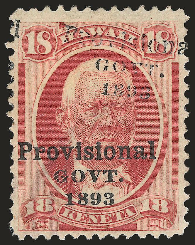 1893, 18c Dull Rose, Category III Double Ovpt. (71f).> Faint second overprint at top, light strike of target cancel, still with traces of original gum, Fine, scarce in used condition, listed but unpriced in
Scott