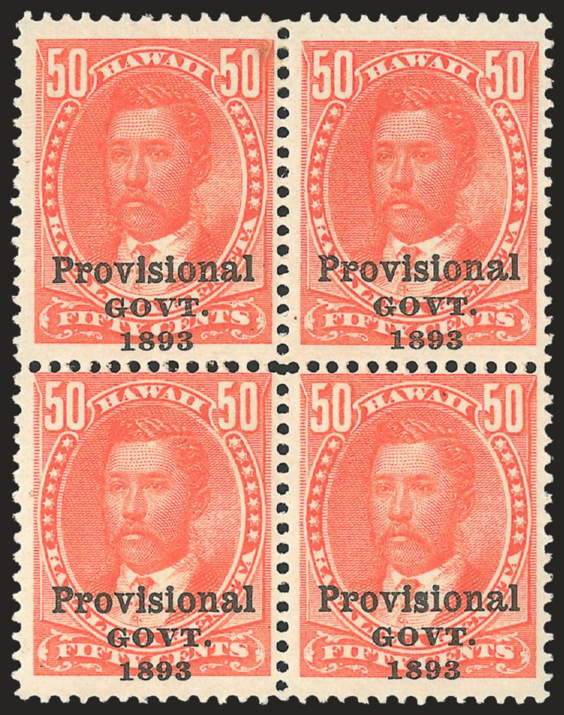 1893, 50c Red, Black Ovpt. (72).> Block of four, bottom right stamp Mint N.H., radiant color, fresh and Fine, Scott Retail as singles