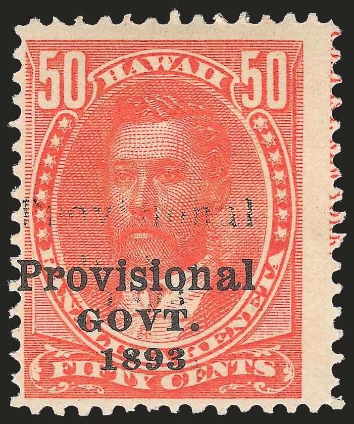 1893, 50c Red, Category III Double Black Ovpt. (72f).> Original gum, h.r., vivid color, faint but clear second overprint at center, fresh and Fine, this is only known with a faint second overprint and not with
anything more pronounced, with 2004 P.F.