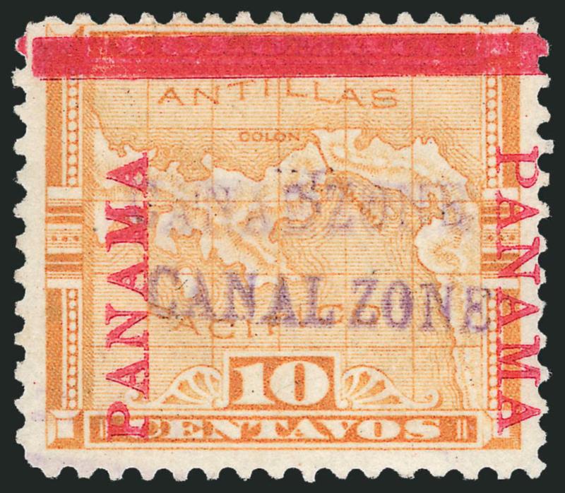 1904, 10c Yellow, Canal Zone Double (3b).> Clear second overprint, lightly cancelled at bottom left by purple handstamp, bright colors<><>^VERY FINE AND CHOICE. THIS IS THE FINER OF THE TWO RECORDED EXAMPLES OF
THIS RARITY. AN IMPORTANT CANAL ZON