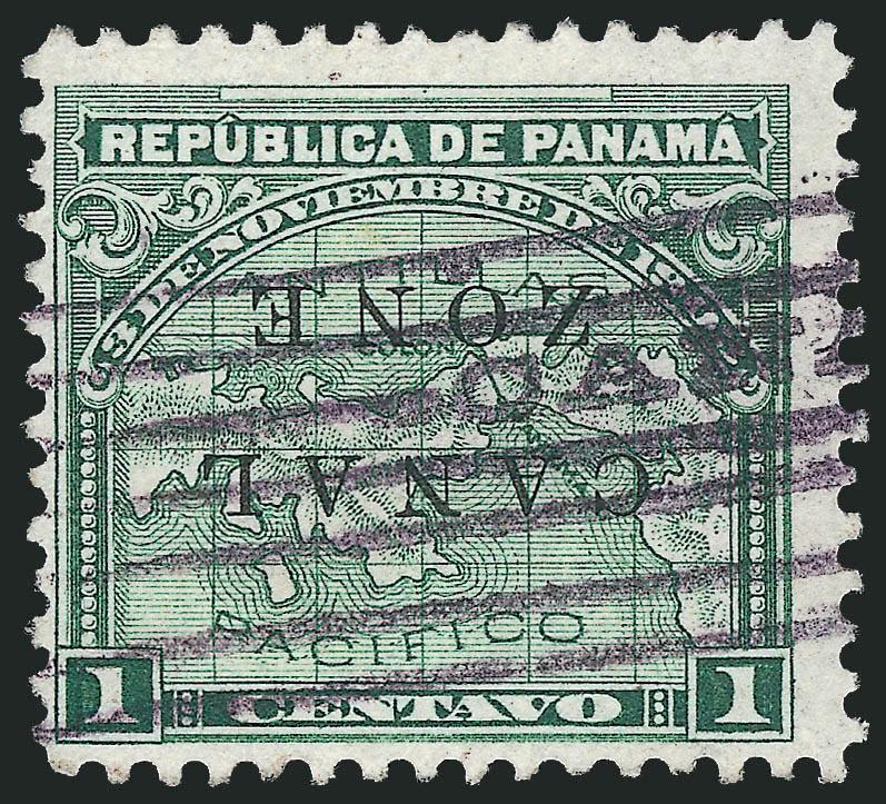 1904, 1c Green, Inverted Ovpt. (9c).> Rich color, neat cancel<><>^FRESH AND FINE. ONLY SIX EXAMPLES OF THIS RARITY ARE RECORDED.^<><>The authors of <<Canal Zone Stamps>> record only six copies. They state that
one is possibly unused (it may have