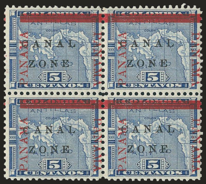1904, 5c Blue, Canal in Antique Type, Zone in Antique Type (12a, 12b).> Two blocks of four, first with single of No. 12a with three normal, second with single of No. 12b with three normal, latter with barely
tropicalized original gum, rich colors