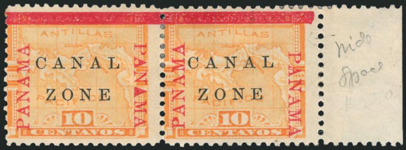 1904, 10c Yellow, Right Panama 5mm Below Bar (13 var).> In right selvage pair with normal, right stamp the variety, h.r., radiant color, fresh and Fine, only 398 were printed