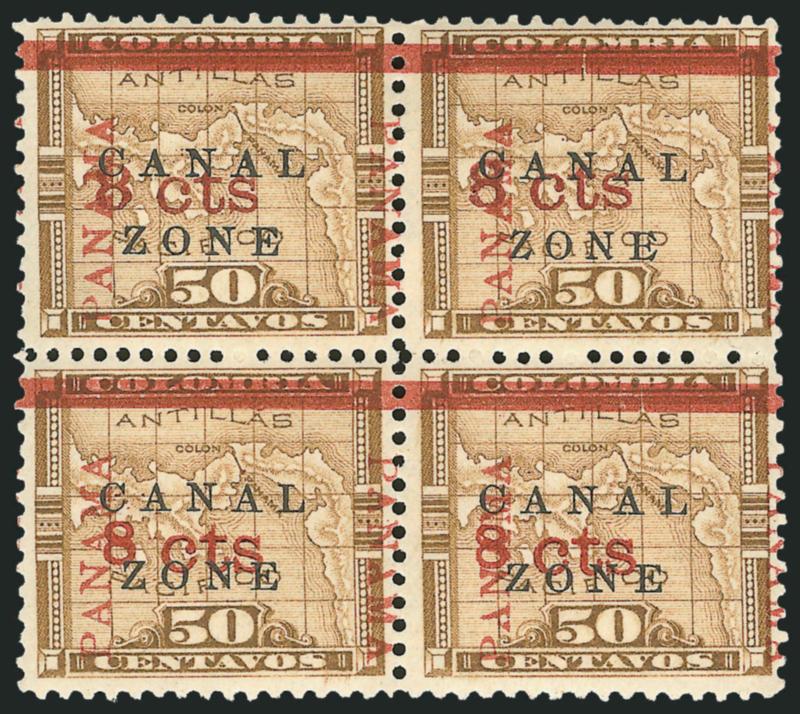 1904. 8c on 50c Bister Brown, Panama Ovpt. in Rose Brown, Zone in Antique Type (14e).> Top right stamp in block of four, Positions 47-4857-58, slightly tropicalized original gum, Panama shifted significantly to
right, deep rich colors<><>^VE