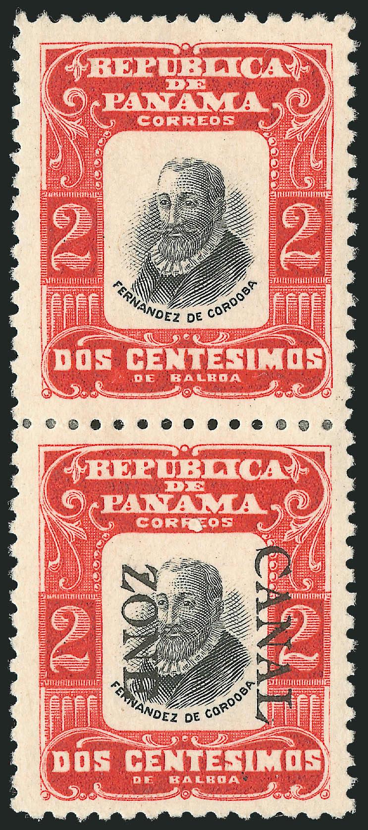 1906, 2c Red & Black, Ovpt. Reading Down, Vertical Pair, One Without Ovpt. (23b).> Top stamp missing overprint, slightly tropicalized original gum, h.r., few sensibly reinforced perf separations, intense colors,
Very Fine and choice, only ten pairs w