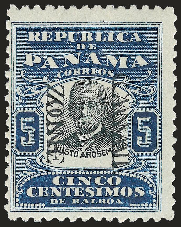 1906, 5c Ultramarine & Black, Double Ovpt. (24c).> Tropicalized original gum, rich colors, clear doubling of the overprint, fresh and Fine, only 200 were printed (one pane with 6-34mm spacing, one with 7-14mm
spacing)