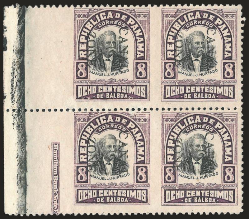 1906, 8c Purple & Black, Horizontal Pair, Imperforate Between and at Left Margin (25a).> Block of four with <part imprint at left,> tropicalized original gum, rich colors, left stamps small surface
scrapes<><>^VERY FINE. A SCARCE BLOCK OF THEIS CAN