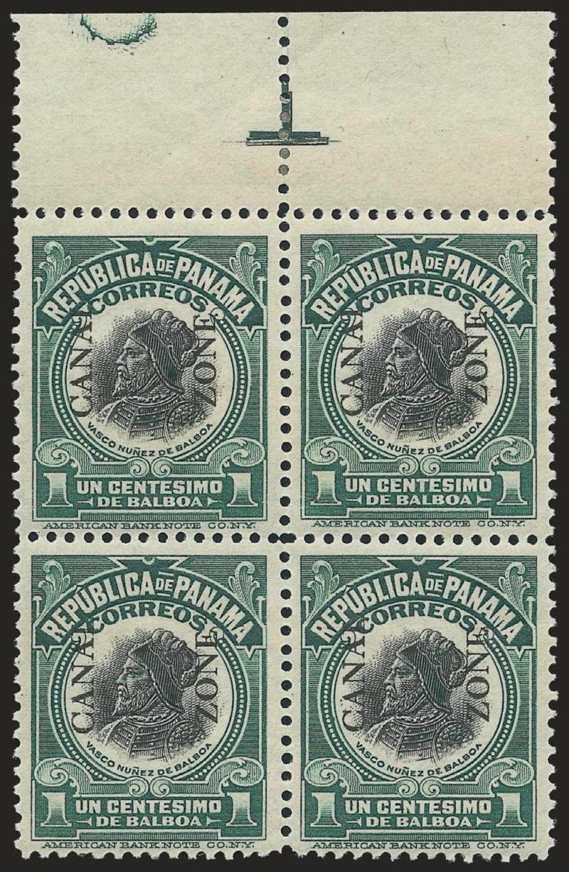1915, 1c Green & Black (46).> Block of four with <position guide selvage at top,> stamps Mint N.H., h.r. in selvage only, rich colors, Fine-Very Fine, Scott Retail as hinged