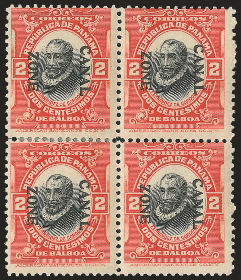 1918, 2c Vermilion & Black, Ovpt. Reading Down (53a).> Block of four, h.r. at left where some perf separations sensibly reinforced, bright colors, Fine, Scott Retail as singles