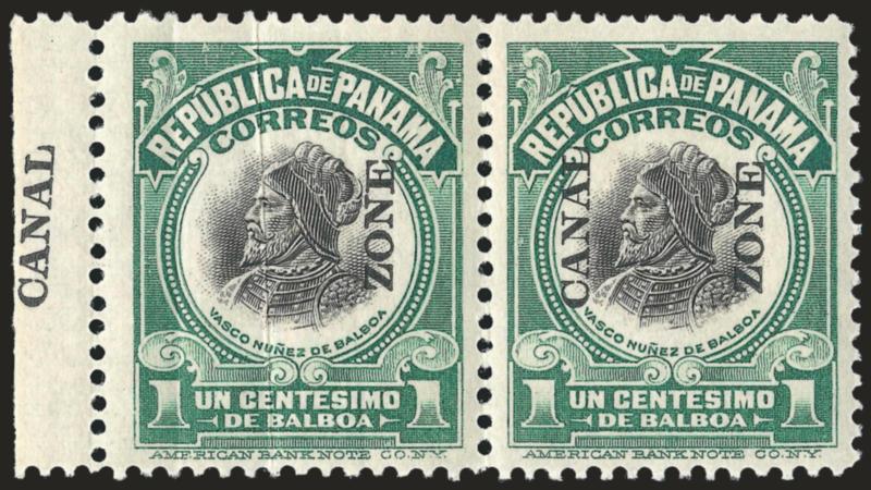 1921, 1c Light Green & Black, Zone Only (55d).> Left margin horizontal pair with normal, Canal clearly visible in sheet margin, lightly hinged, left stamp with vertical foldover creases which caused the error,
rich colors<><>^VERY FINE AND CHOI