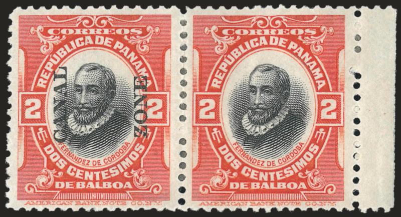 1920, 2c Orange Vermilion & Black, Horizontal Pair, Right Stamp Without Ovpt. (56c).> Selvage at right, original gum, h.r., radiant color, Very Fine and choice, exceedingly scarce, only eleven were printed, ex
Plass, with 1993 P.F. certificate
