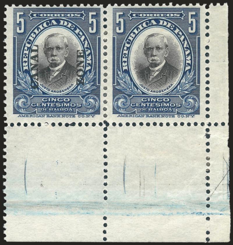 1921, 5c Deep Blue & Black, Horizontal Pair, Right Stamp Without Ovpt. (57a).> Bottom right corner margin with narrow selvage at right and huge selvage at bottom, original gum, h.r. reinforces a few internal
perf separations<><>^VERY FINE AND CHOIC