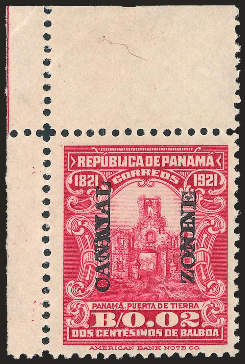 1921, 2c Carmine, Double Ovpt. (61b).> Top left corner selvage, stamp Mint N.H., lightly hinged in ungummed part of selvage, rich color, Very Fine and choice, a wonderful position piece, only ten were printed
with this close placement of the two over