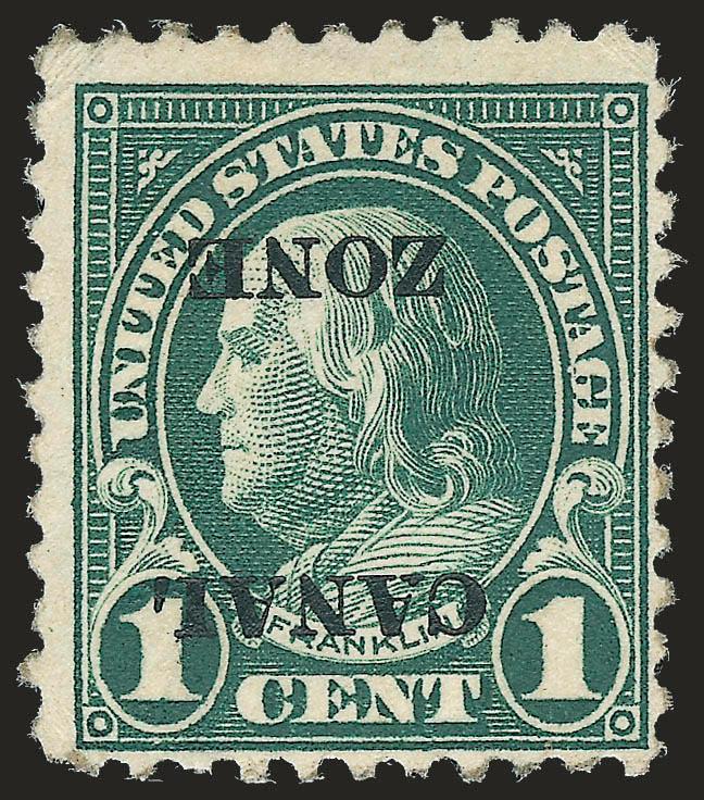 1924, 1c Green, Inverted Ovpt. (71a).> Tropicalized original gum, intense color, Fine, the Canal Zone Study Group believes there were only 50 of this error printed
