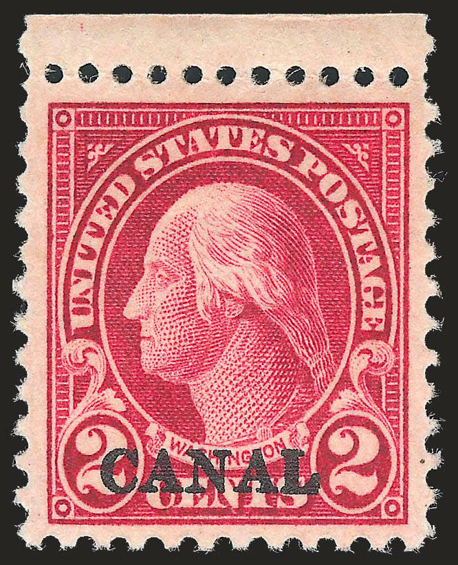 1925, 2c Carmine, Canal Only Ovpt. (84a).> Top selvage single, lightly hinged, rich color, choice centering<><>^EXTREMELY FINE. A RARE EXAMPLE OF THE CANAL ONLY VARIETY. ONLY TWENTY WERE PRINTED.^<><>This
variety was created when the sheet wa