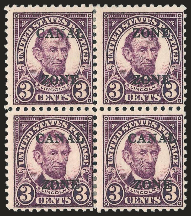1925, 3c Violet, Zone Zone Ovpt. (85a).> Block of four, top right stamp the variety, others normal, tropicalized original gum, rich color and proof-like impression, Fine, desirable in a block with normal stamps,
with 1998 P.F. certificate
