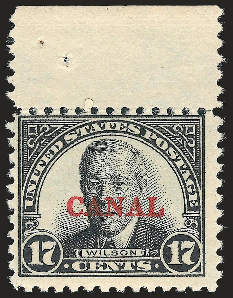 1926, 17c Black, Canal Only (91b).> Selvage at top, lightly hinged with naturally short gum at top, crisp impression, typical centering for this rarity<><>^FINE. A SCARCE EXAMPLE OF THE CANAL ONLY OVERPRINT ON
THE 17-CENT SCOTT 91.^<><>Accord