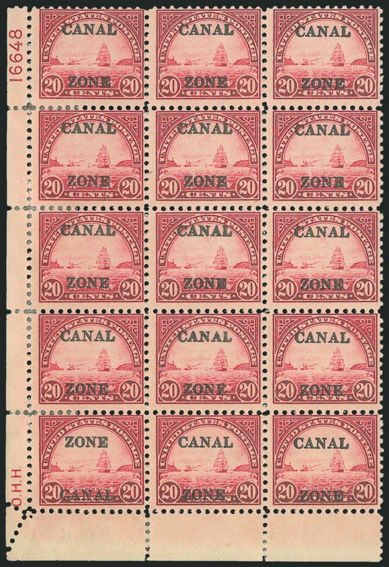 1926, 20c Carmine Rose, Zone Canal Ovpt. (92c).> Position 91 in block of fifteen with bottom left corner margin incl. siderographers initials and plate no. 16648 at left, few sensibly reinforced perf
separations, intense color<><>^FINE AND RARE.