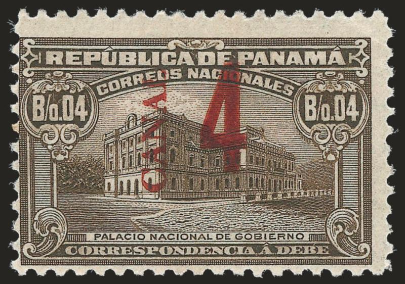 1919, 4c on 4c Olive Brown, Postage Due, Zone Omitted (J11a).> Lightly hinged, deep rich color, clear strike of the surcharge<><>^FINE. THE UNIQUE EXAMPLE OF THE 4-CENT ON 4-CENT POSTAGE DUE WITH ZONE OMITTED.
ONE OF THE RAREST OF ALL CANAL ZON