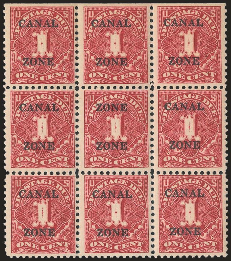 1925, 1c Carmine Rose, Postage Due, Zone Zone Ovpt. (J18a).> Center stamp in block of nine with eight normal, natural s.e. at top, the error and several others Mint N.H., some vertical perf separations between
first two rows, otherwise Fine-Very Fi