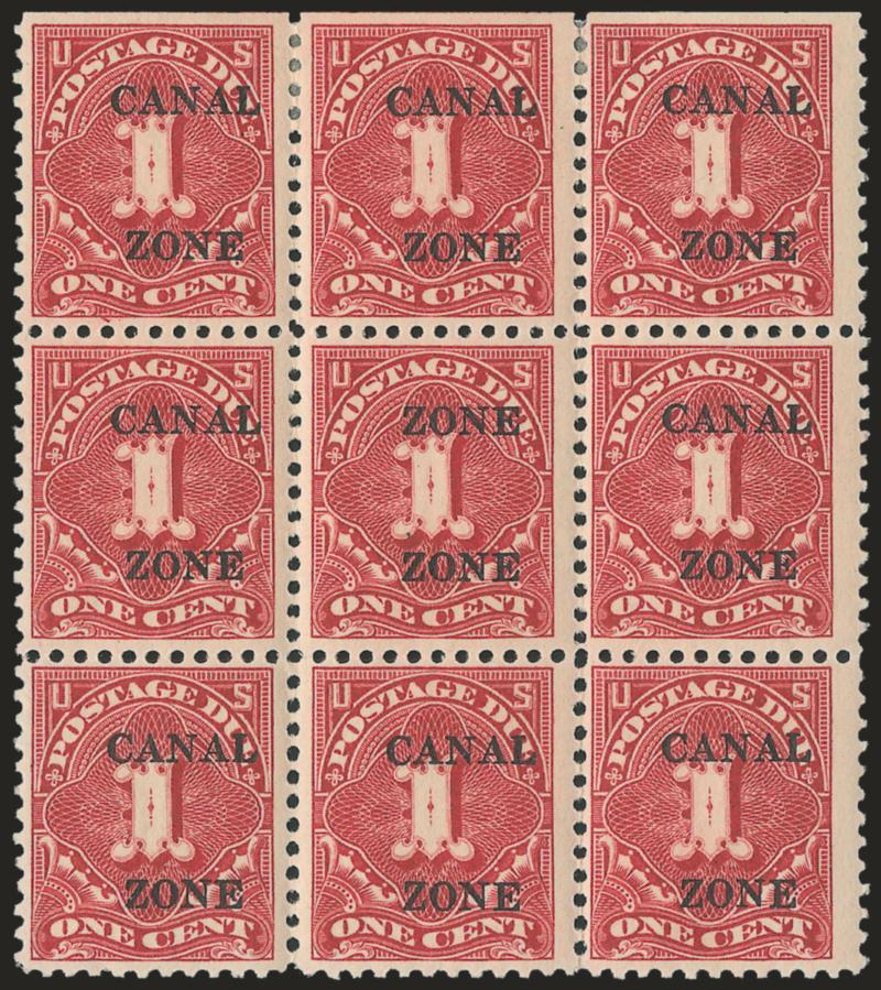 1925, 1c Carmine Rose, Postage Due, Zone Zone Ovpt. (J18a).> Center stamp in block of nine with eight normal, natural s.e. at top, tropicalized original gum, some normal with h.r., bright color, Fine-Very Fine,
scarce, only approximately 15 of the