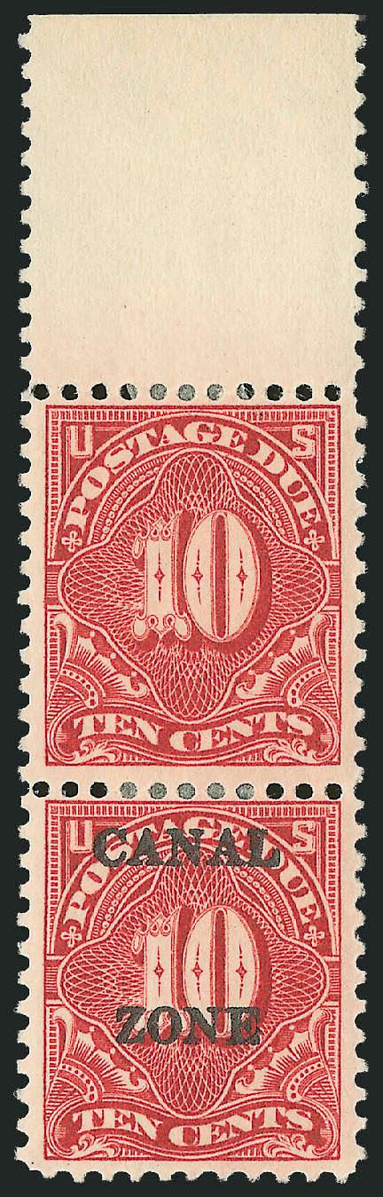 1925, 10c Carmine Rose, Postage Due, Vertical Pair, One Missing Ovpt. (J20a).> Sheet margin at top, top stamp missing overprint as always, small h.r.<><>^VERY FINE AND RARE. ONLY TEN 10-CENT POSTAGE DUE STAMPS
WERE ISSUED WITH THE MISSING OVERPRINT
